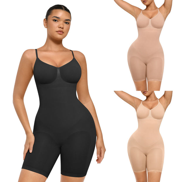 Two women wearing black and beige shapewear on a white background